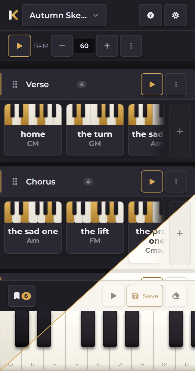 Keyriff on a phone: the Autumn Sketch sheet, with Verse and Chorus sections of chord cards nicknamed “home”, “the turn”, “the sad one” and “the lift”, above the piano keyboard. A diagonal splits the screen, dark theme above it and light theme below.