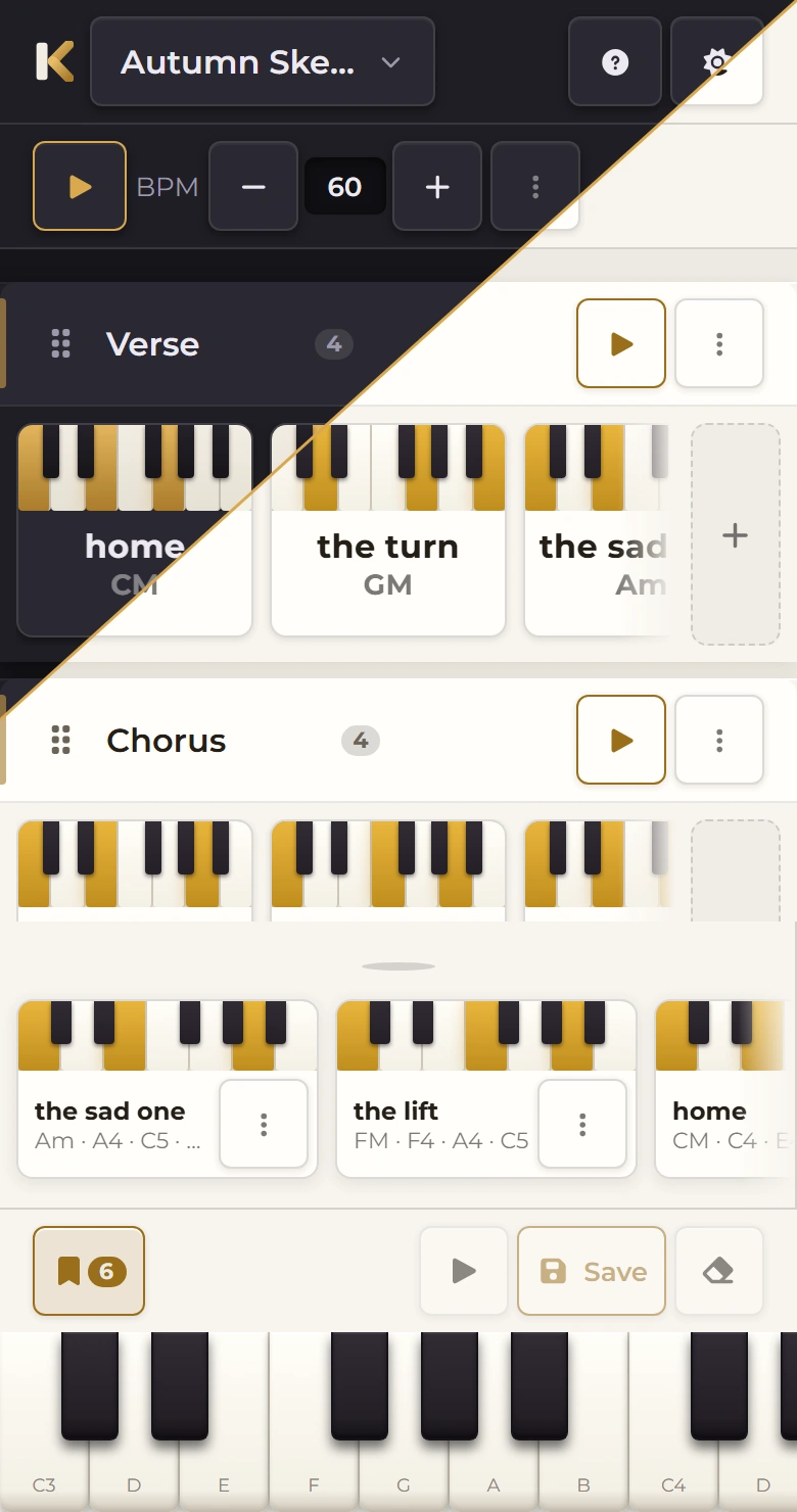 The same sheet with the saved-chord tray open between it and the keyboard, showing the saved chords “the sad one”, “the lift” and “home”. The same diagonal continues across this screen, dark above it and light below.